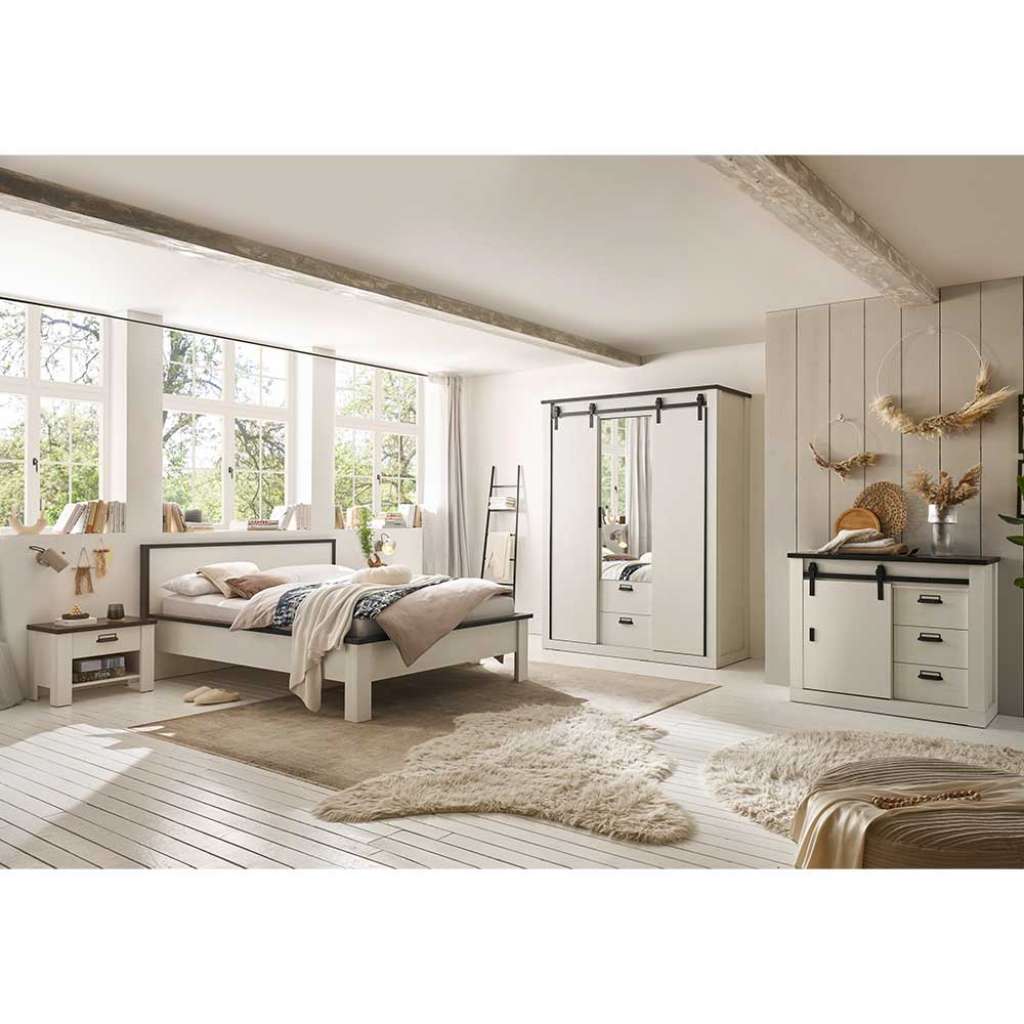 Schlafzimmer Stalltüren Optik im Landhausstil Weiß (fünfteilig)