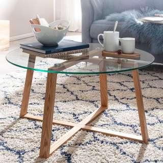 Runder Sofa Tisch mit Glasplatte Massivholz Bügelgestell