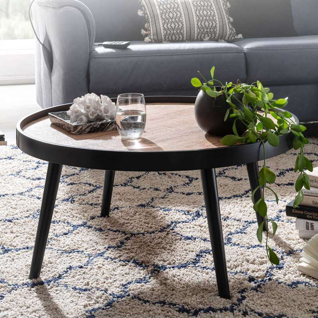Retro Couchtisch in Schwarz und Holz Naturfarben 76 cm Durchmesser