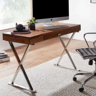 Schreibtisch mit einer Schublade Sheesham Massivholz und Metall