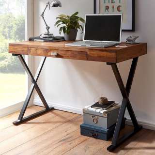Design Schreibtisch aus Sheesham Massivholz und Stahl 120 cm breit