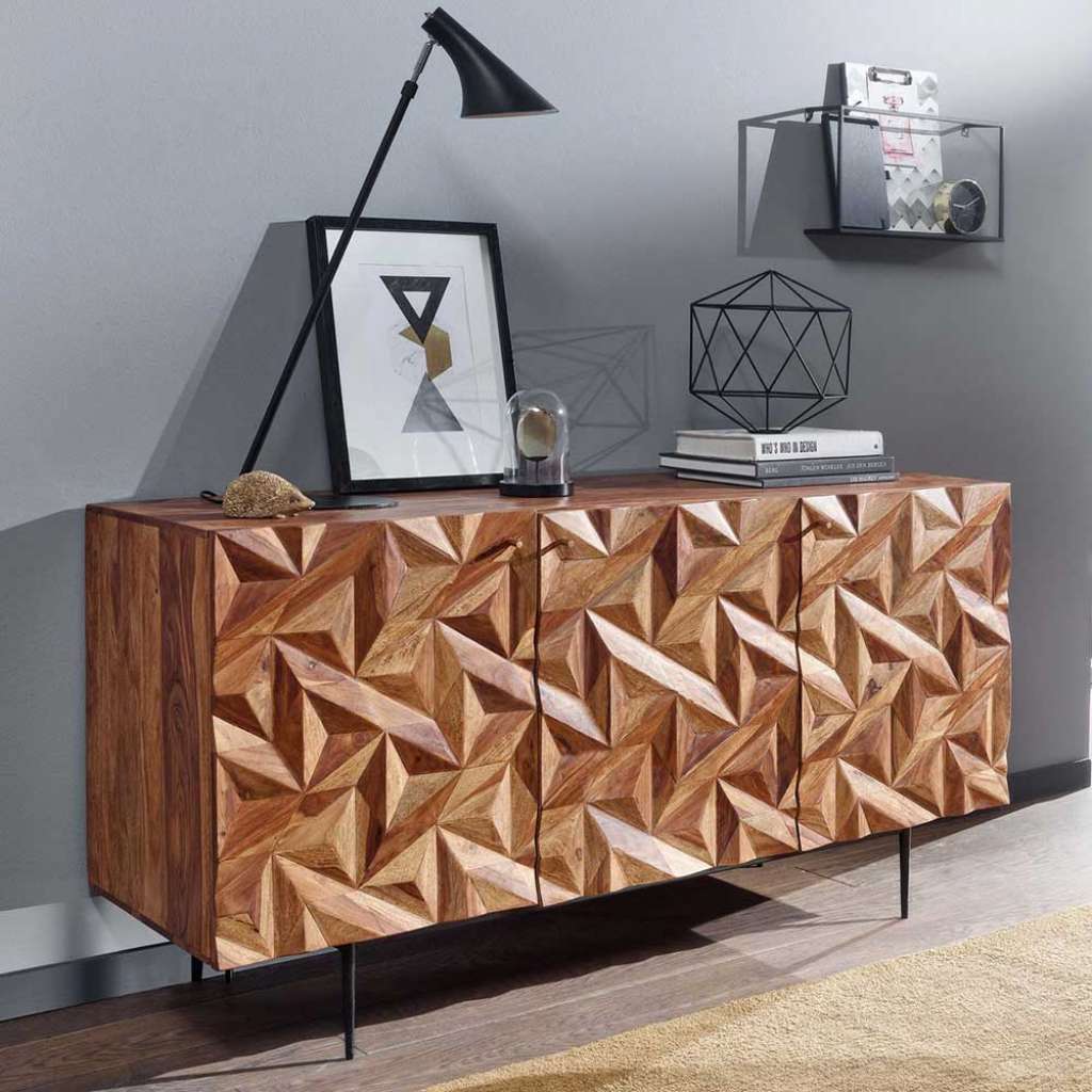 Handgearbeitetes Sideboard aus Sheesham Massivholz und Metall 3 türig