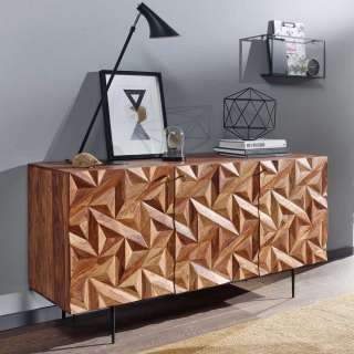 Handgearbeitetes Sideboard aus Sheesham Massivholz und Metall 3 türig