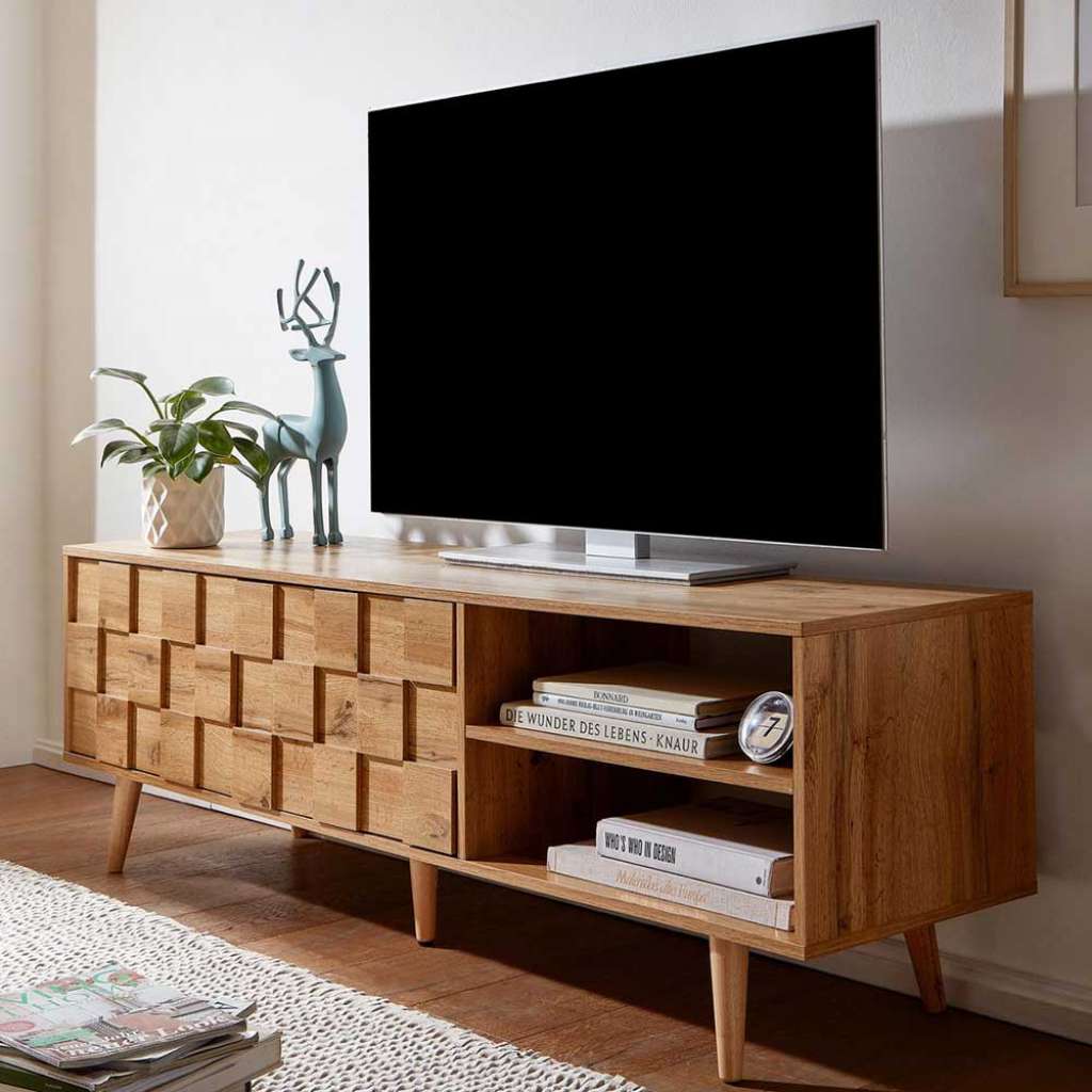 Fernseh Lowboard in Eichefarben mit offenen Gerätefächern und zwei Türen