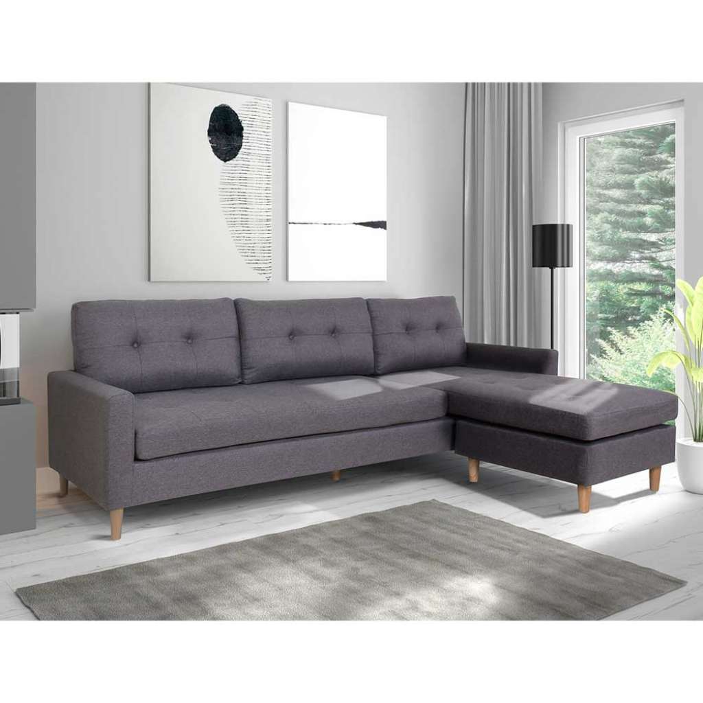 Wohnzimmercouch L Form in Dunkelgrau Stoff Armlehnen