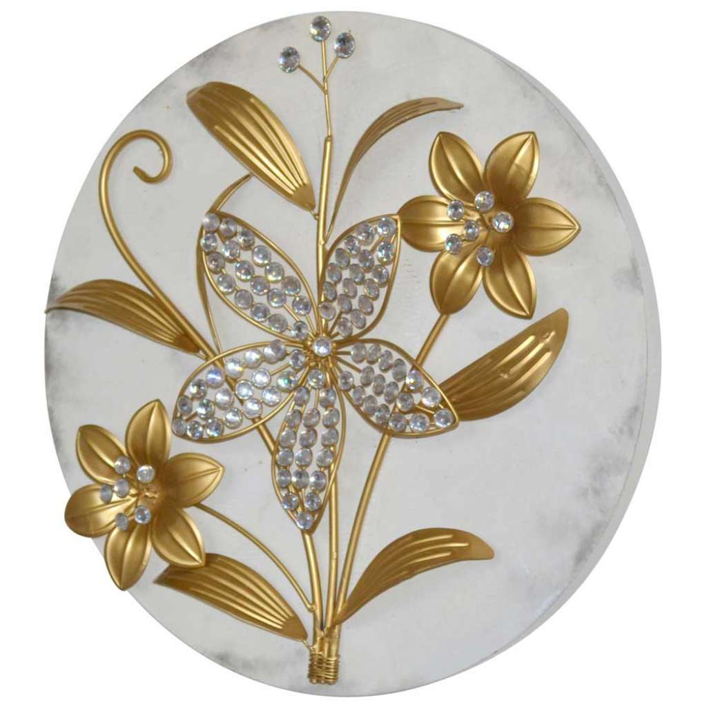 Wandbild Blumen in Goldfarben und Cremeweiß 45 cm Durchmesser