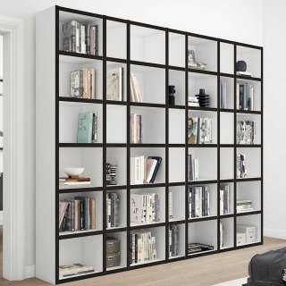 Bücherwand Regal modern in Weiß und Schwarzbraun 222 cm hoch