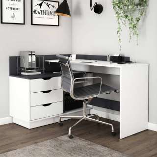 Schreibtischkombination Ecke in Weiß und Anthrazit drei Schubladen