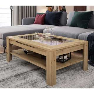 Couchtisch mit Glasplatte in Wildeichefarben 110 cm breit