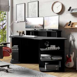 Halbrunder Schreibtisch in Schwarz Seitenregalen und Bildschirmaufsatz