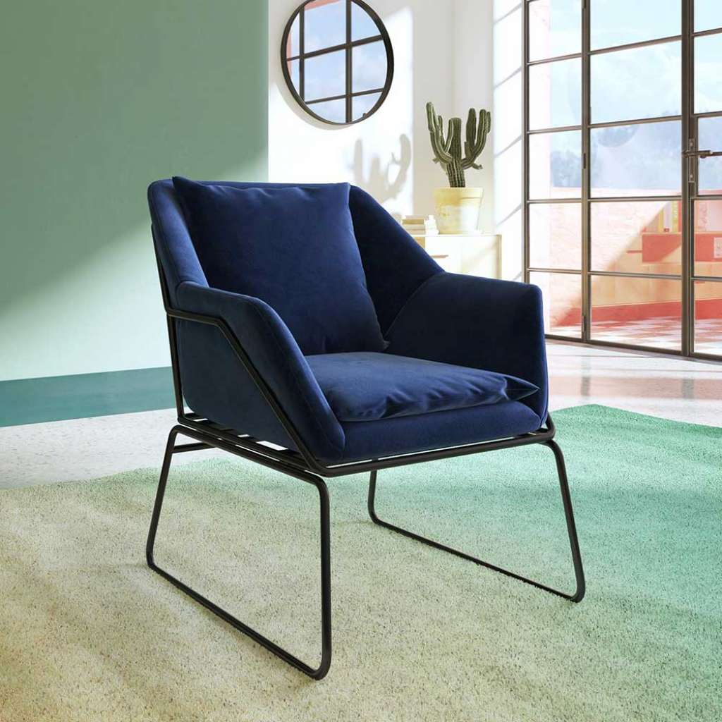 Samt Einzelsessel modern in Blau und Schwarz Bügelgestell