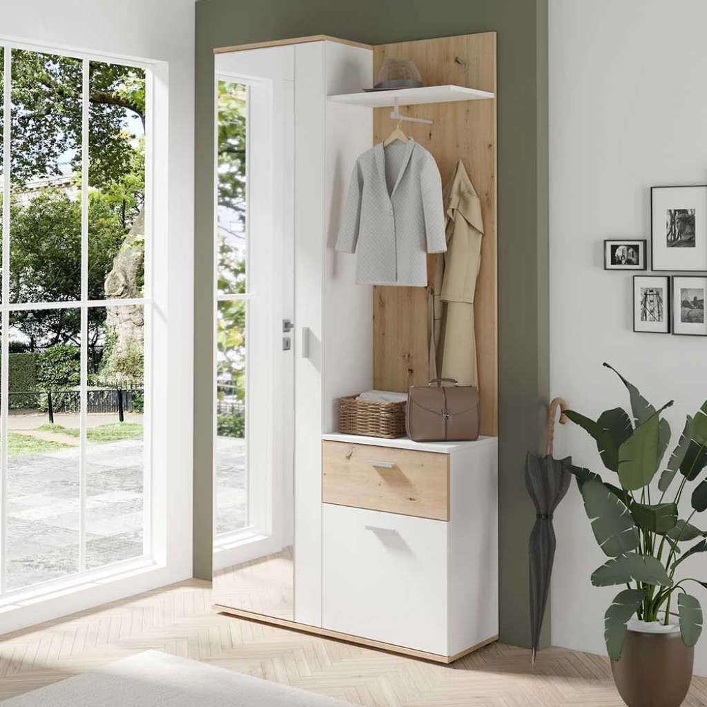 Garderobe mit Spiegeltür in Wildeichefarben & Weiß 190 cm hoch