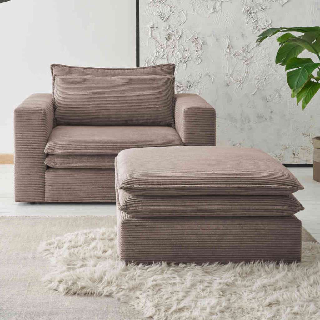 Lesesessel mit Fußhocker in Hellbraun Cord 125 cm breit (zweiteilig)
