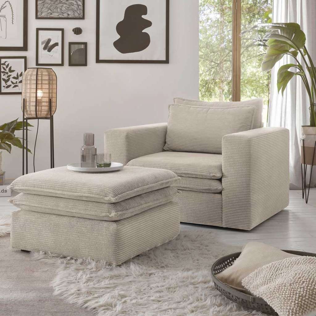 Komfortsessel Cord Beige in modernem Design Fußhocker (zweiteilig)