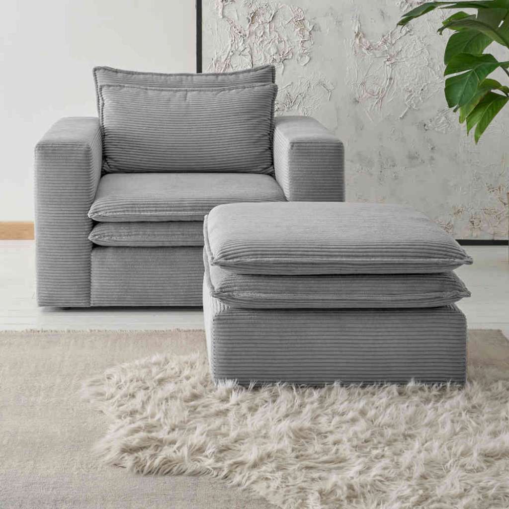 Sessel mit Hocker Cord in Hellgrau 110 cm breit (zweiteilig)