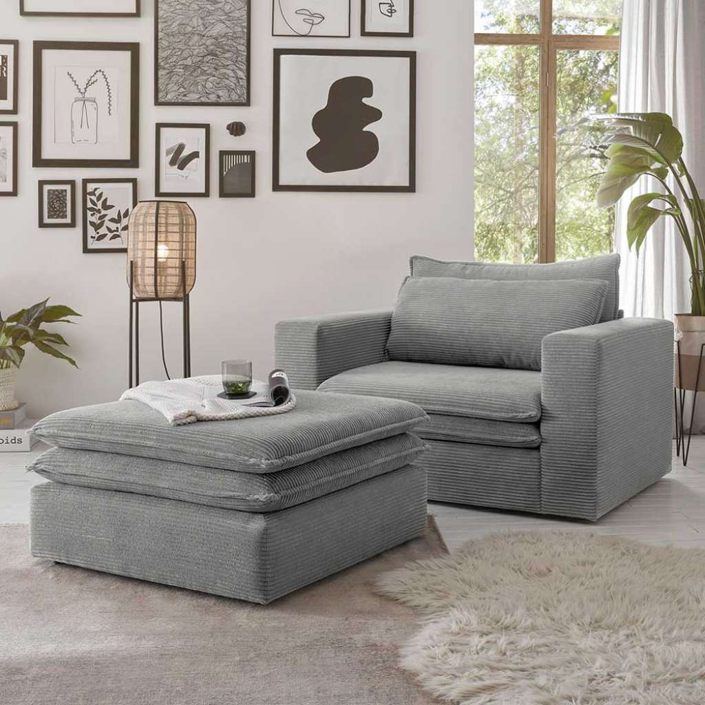 Sessel & Hocker Cord Hellgrau in modernem Design 125 cm breit (zweiteilig)