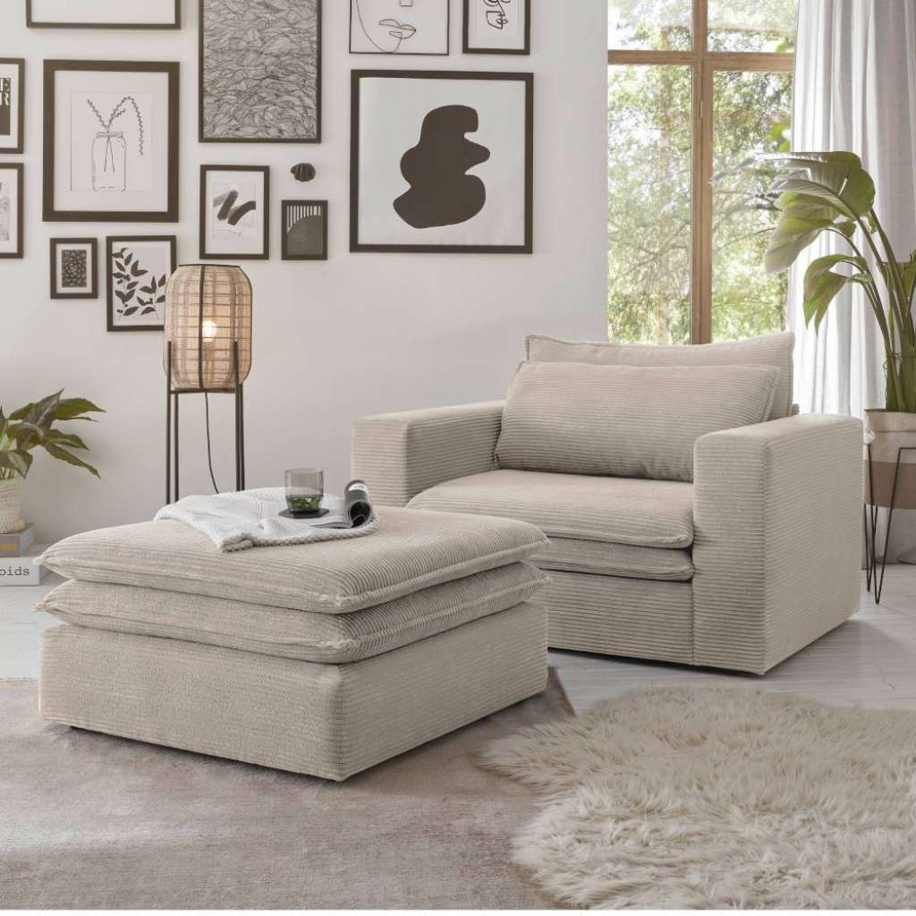 Sessel und Hocker Cord Beige in modernem Design 125 cm breit (zweiteilig)