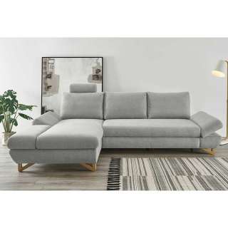 Eck Couch Stoff Silbergrau im Skandi Design Vierfußgestell aus Holz