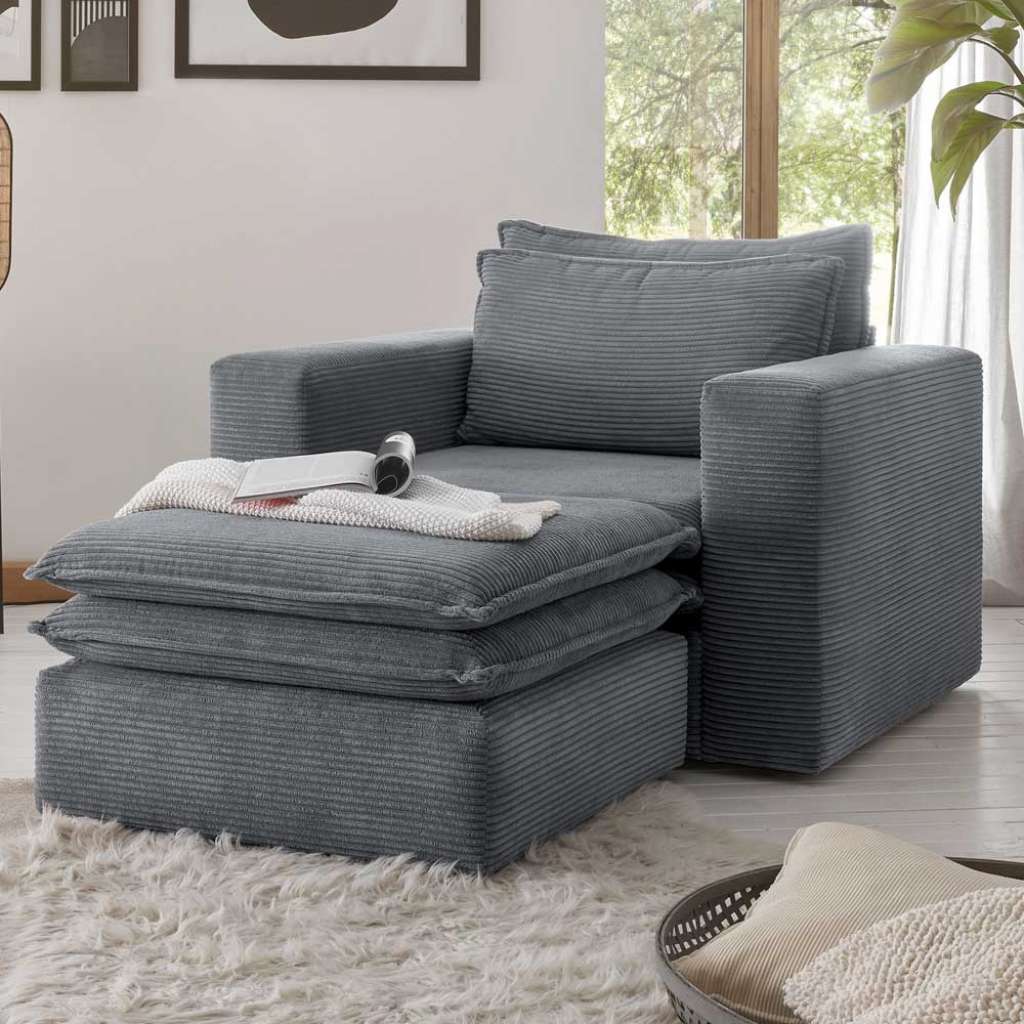 Sessel & Hocker Anthrazit Cord 110 cm breit modernem Design (zweiteilig)