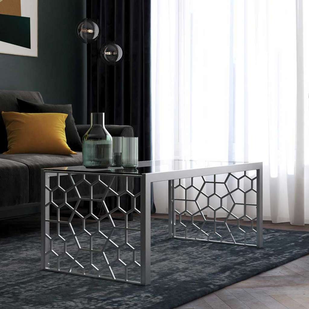 Wohnzimmer Tisch Silberfarben mit Wangen Gestell Glasplatte