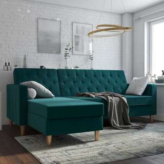 Bettsofa Ecke Petrol aus Samt Rücken Klappmechanik