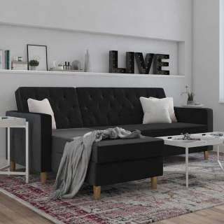 Schwarzes Samt Ecksofa mit Rücken Klappmechanik Bettkasten