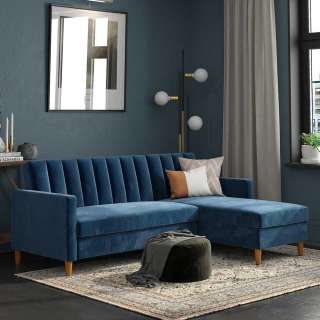 Ecksofa Samt Bezug blau mit Schlaffunktion Bettkasten