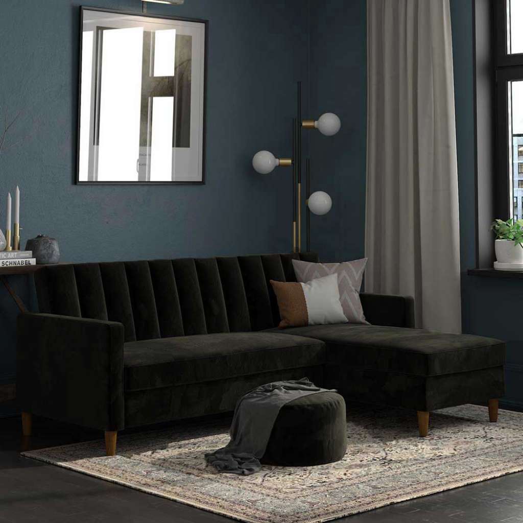 Ecksofa Samt schwarz mit Rücken Klappmechanik Bettkasten