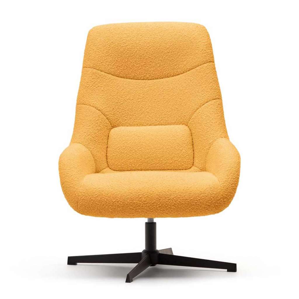 Senfgelber Drehsessel aus Boucle Stoff und Metall das Wohnzimmer