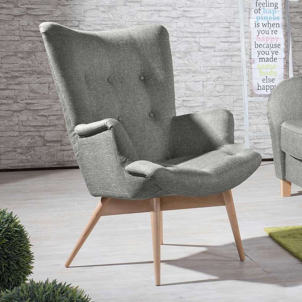 Hellgrauer Skandi Sessel mit Vierfußgestell aus Holz 98 cm hoch