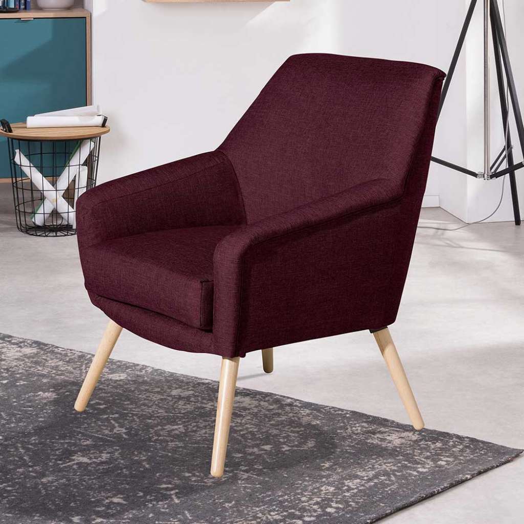 Einzelsessel in Bordeauxrot aus Flachgewebe und Buchenholz 67 cm breit