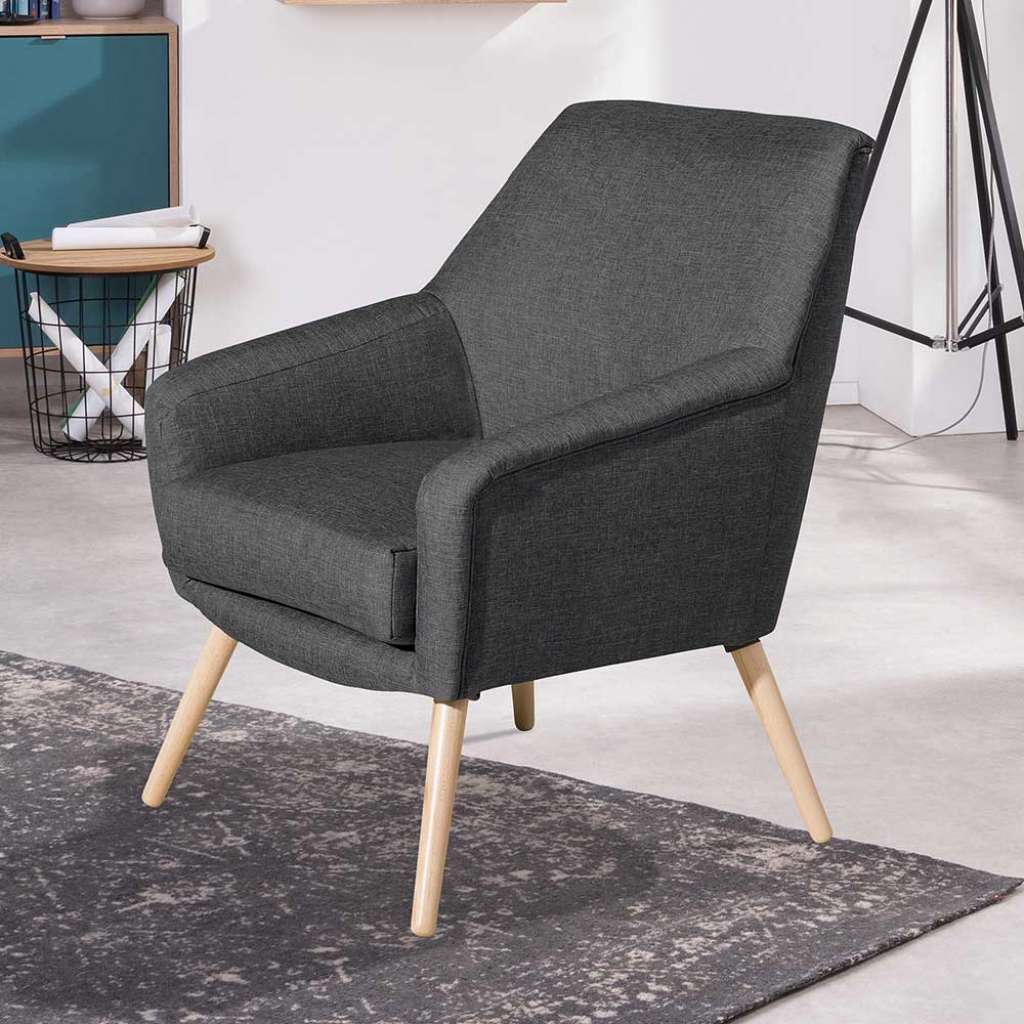 Dunkelgrauer Wohnzimmersessel im Retrostil Vierfußgestell aus Holz