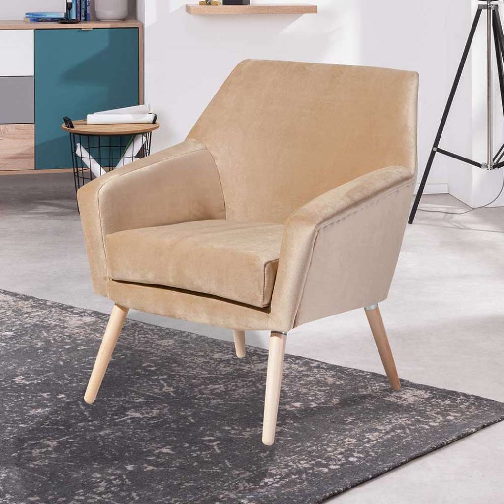 Sessel Beige Samtvelours im Retrostil Vierfußgestell aus Holz