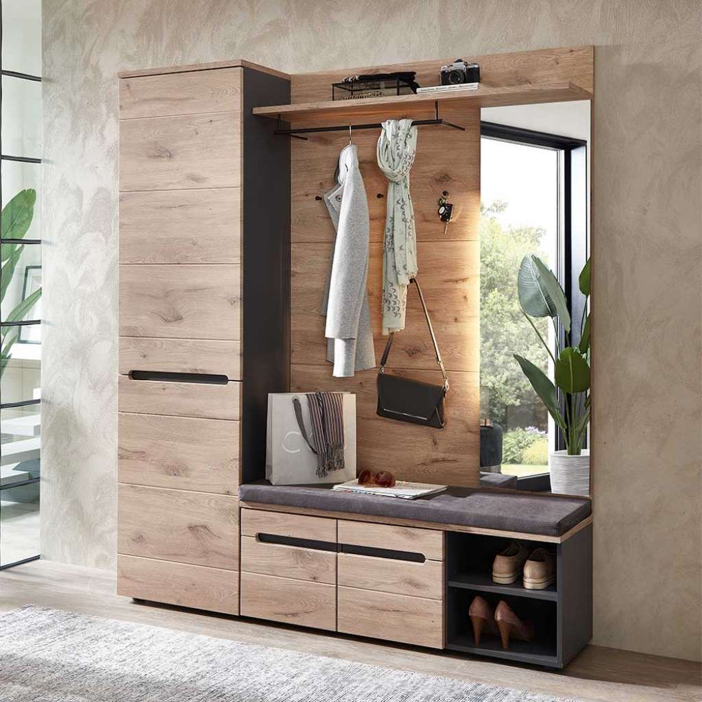 Moderne Komplett Garderobe in Wildeichefarben Dunkelgrau (dreiteilig)