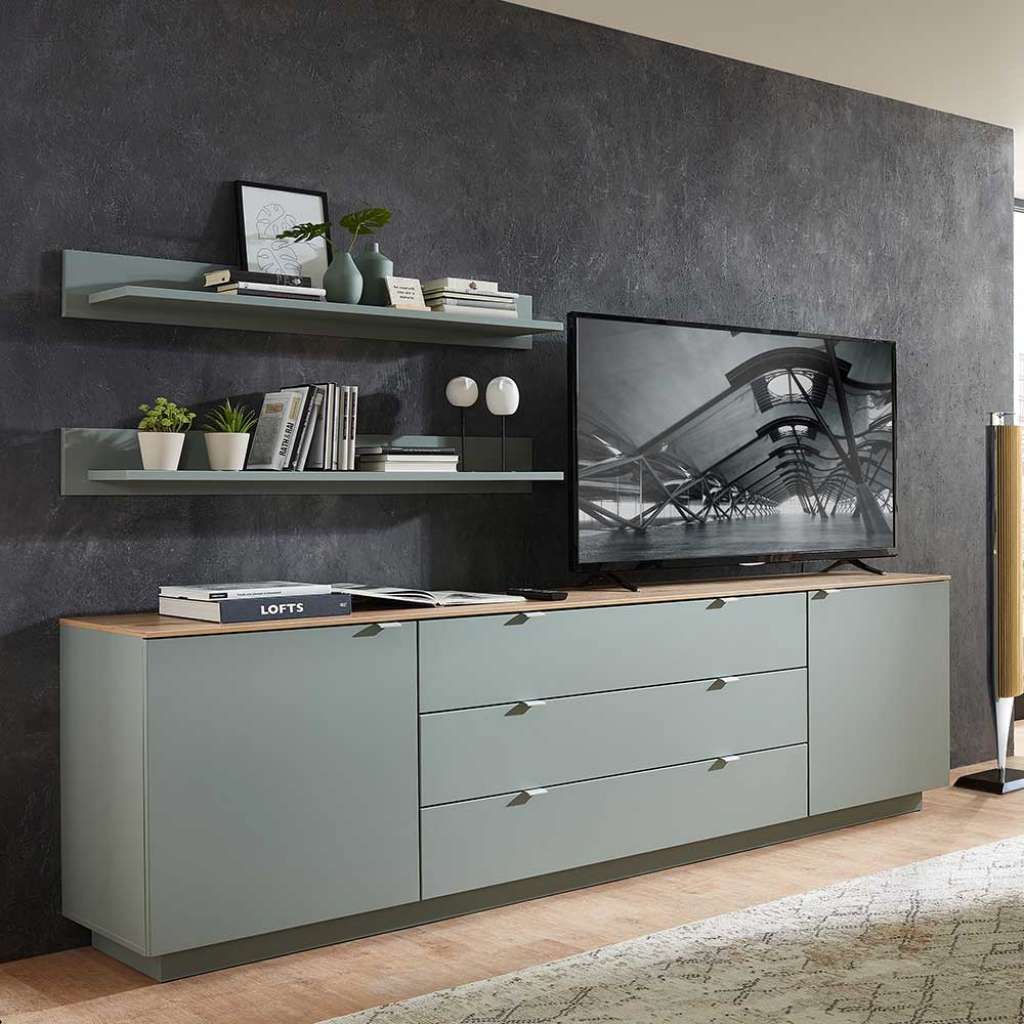 Sidebord modern Wohnzimmer in Graugrün und Holzoptik 240 cm breit