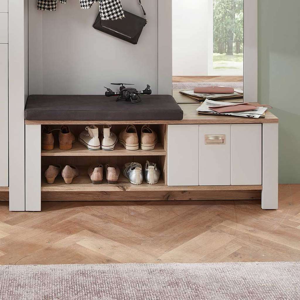 Garderobenbank Flur Landhaus in Lichtgrau Wildeichefarben