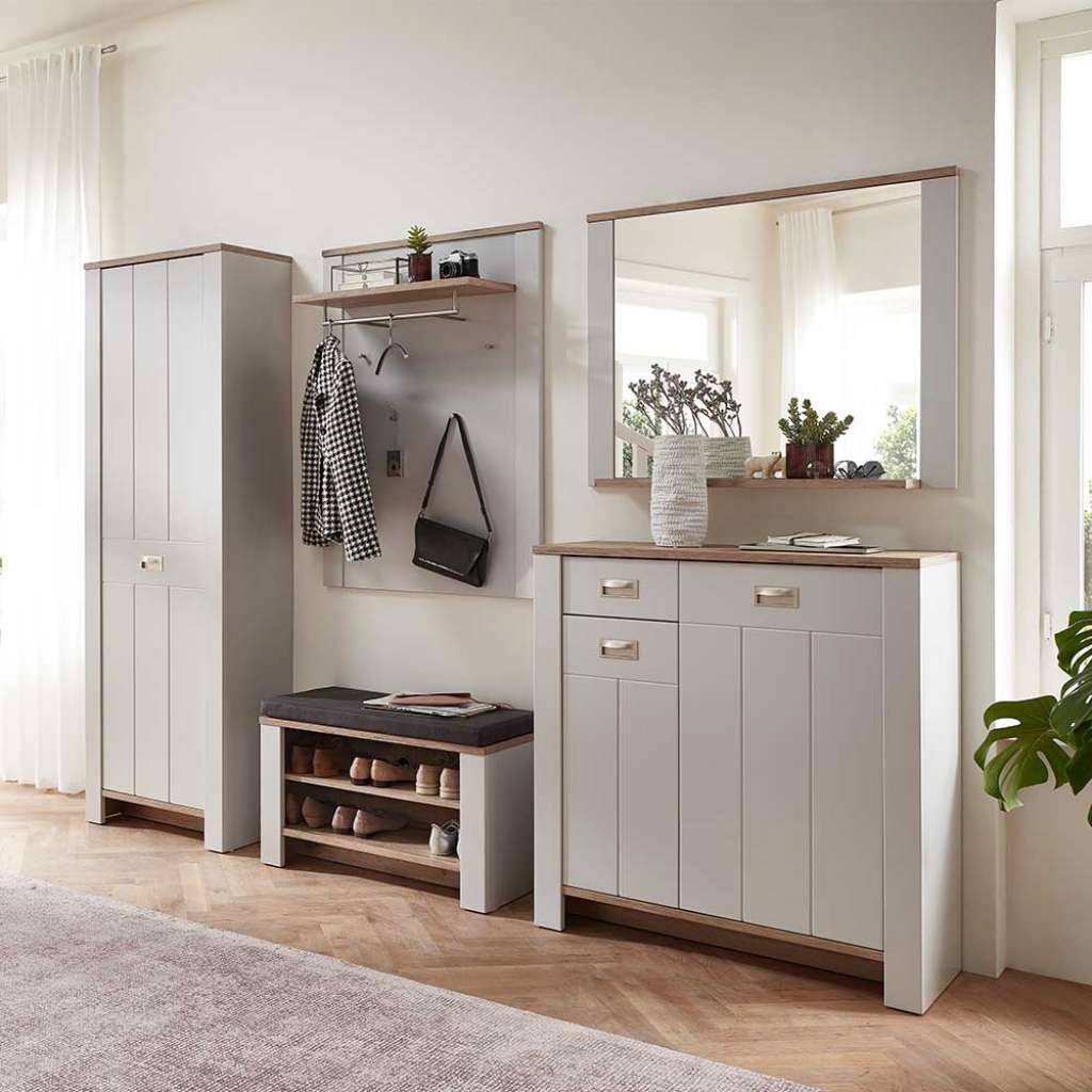 Landhausstil Komplett Garderobe in Lichtgrau Wildeichefarben (fünfteilig)
