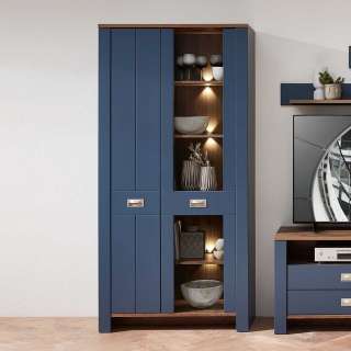 Standvitrine Landhaus modern in Blau und Eiche dunkel 201 cm hoch