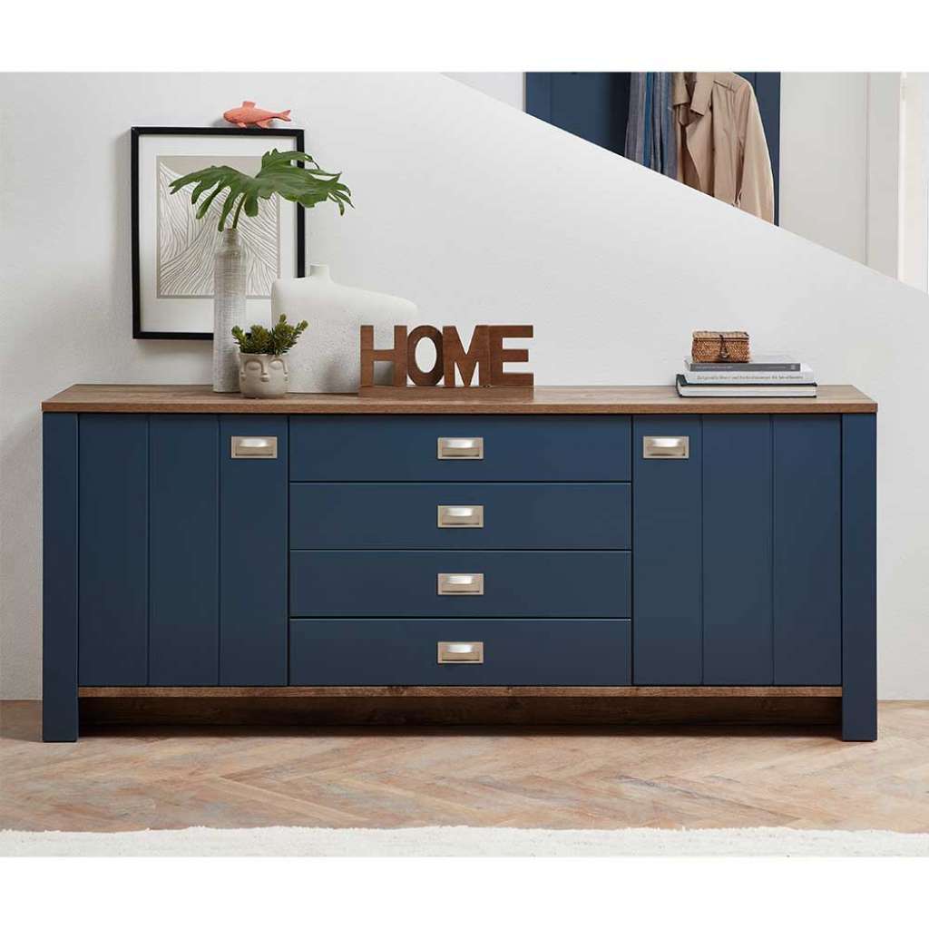 Sidebord blau Landhaus 194 cm breit vier Schubladen und zwei Türen