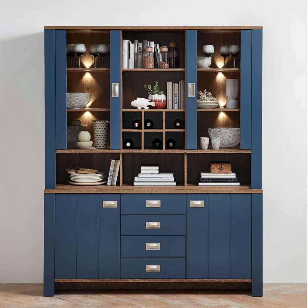 Büffetschrank Landhaus in Blau und Eiche dunkel 201 cm hoch