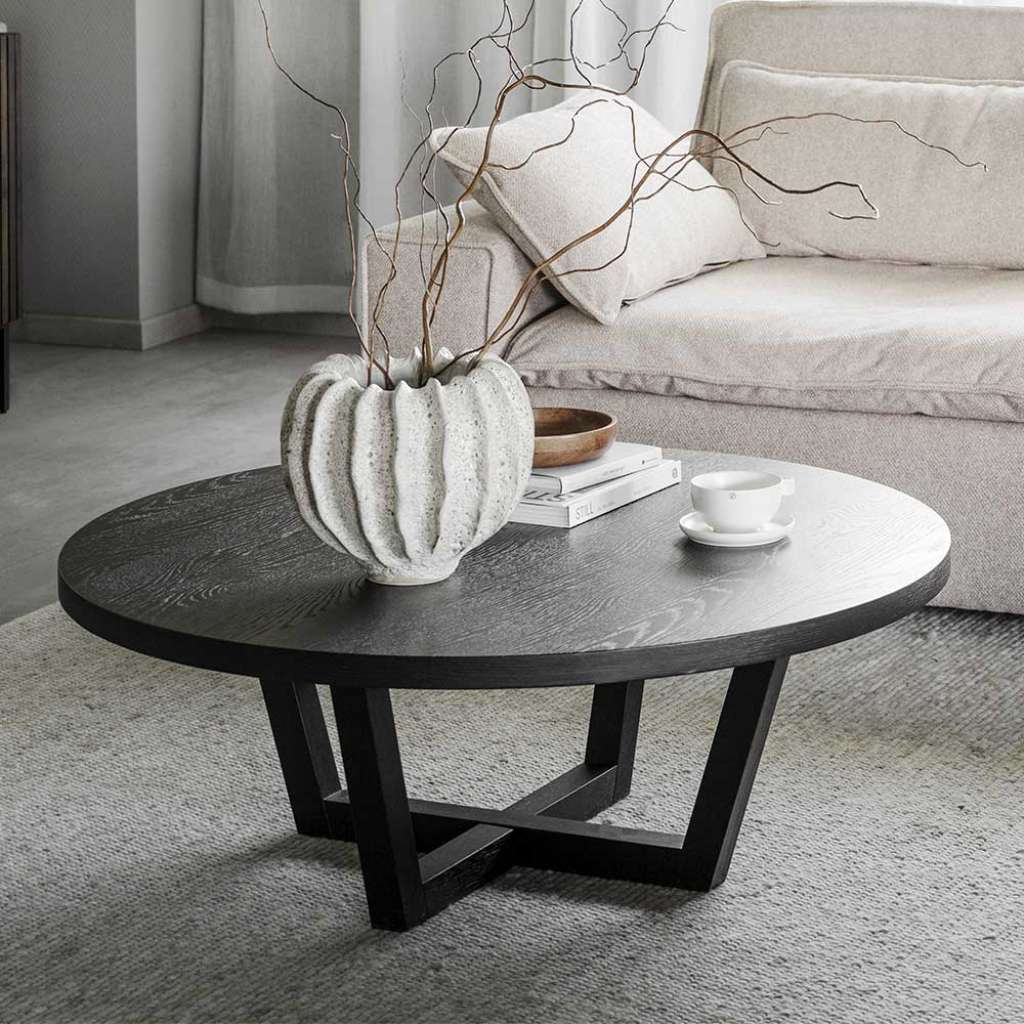 Runder Wohnzimmer Tisch in Eiche Schwarz Bügelgestell