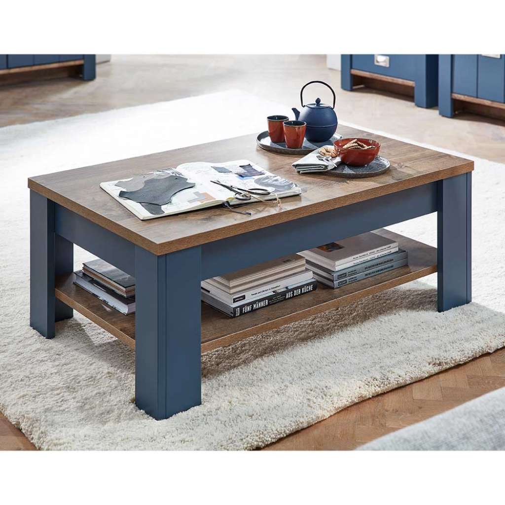Rechteckiger Wohnzimmer Tisch in Eiche dunkel und Blau 110 cm breit