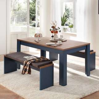 Esstisch mit zwei Bänken in Eiche dunkel und Blau Landhausstil