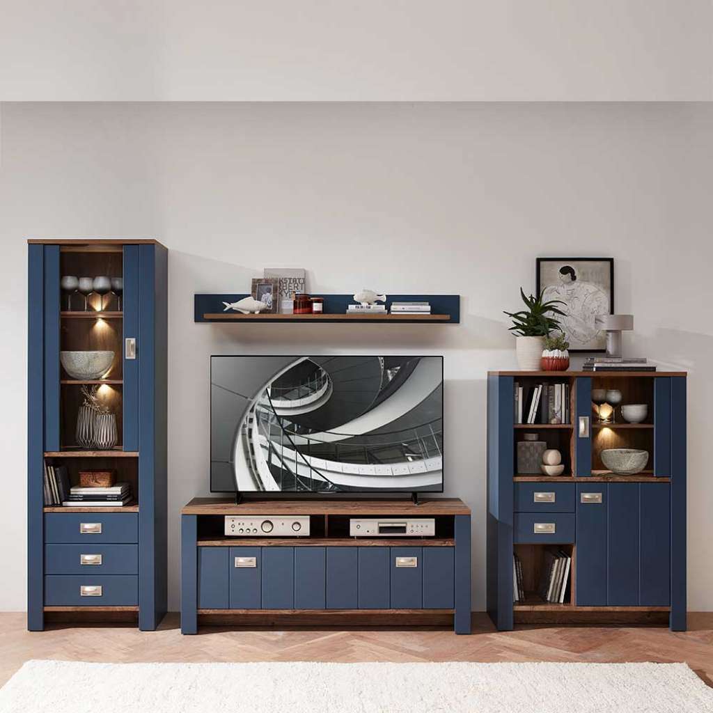 Landhaus Schrankwand in Blau und Eiche dunkel 310 cm breit (vierteilig)