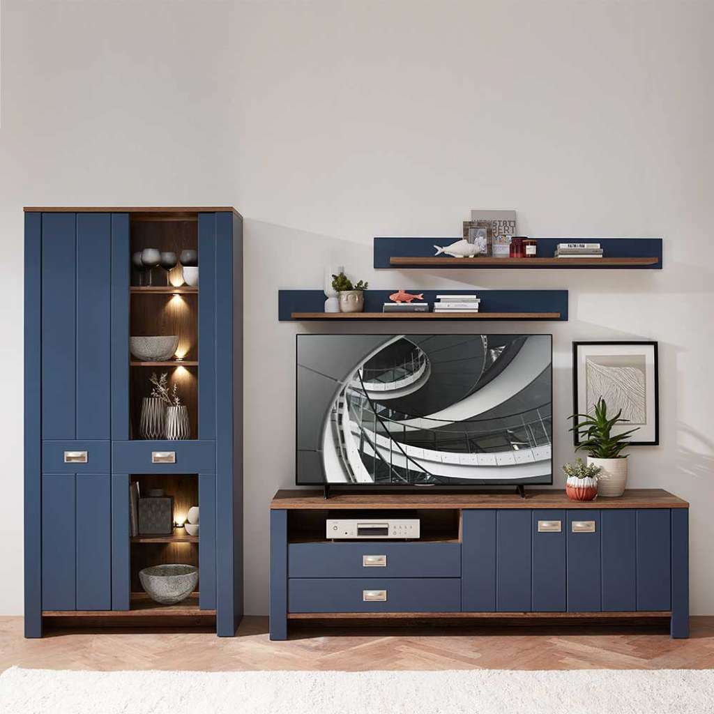 Wohnzimmer Schrankwand in Blau und Eiche dunkel LED Beleuchtung (vierteilig)