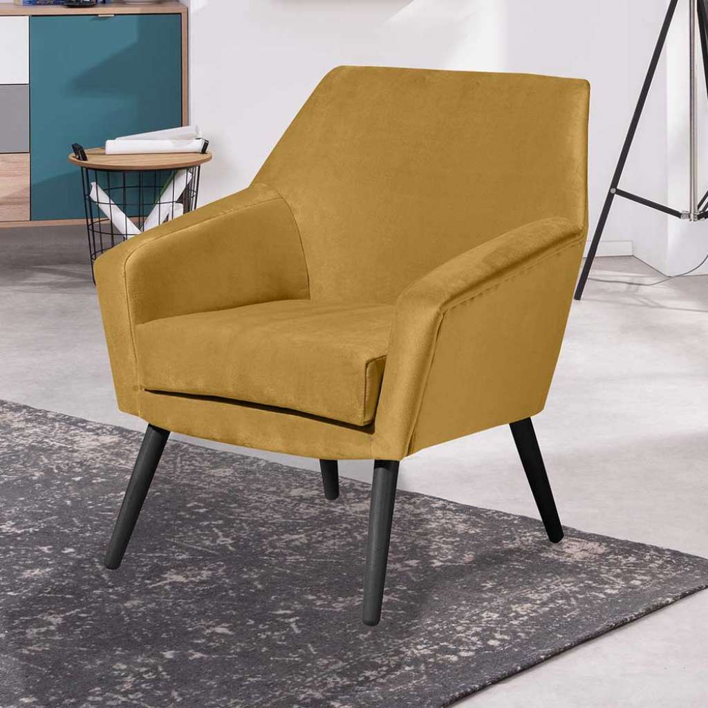 Gelber Samtvelours Sessel im Retrostil Vierfußgestell in Schwarz
