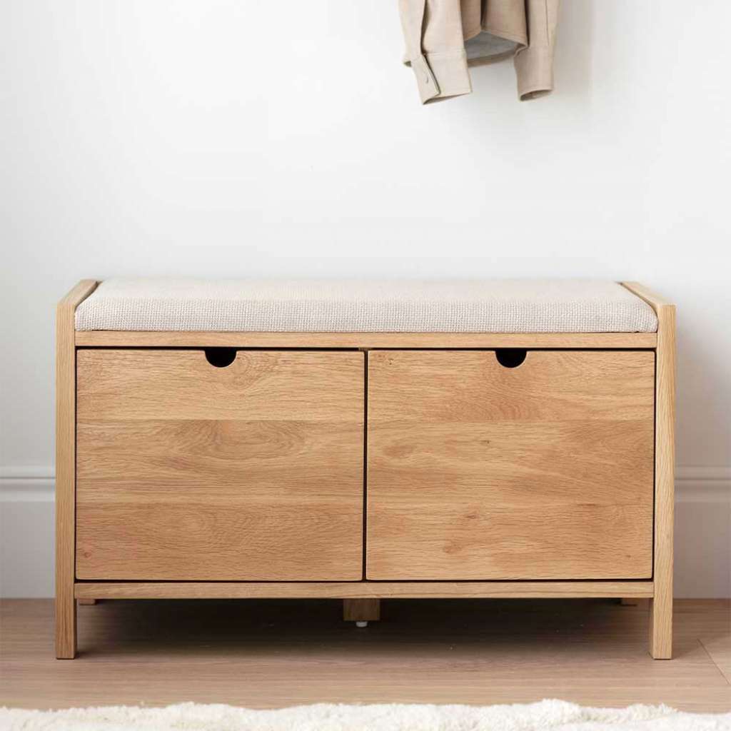 Garderobenbank Flur mit Polster in Eichefarben und Beige 47 cm hoch