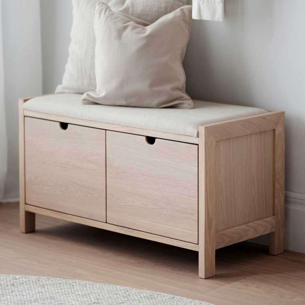 Bank Garderobe zum Sitzen in Holz White Wash und Beige zwei Schubladen