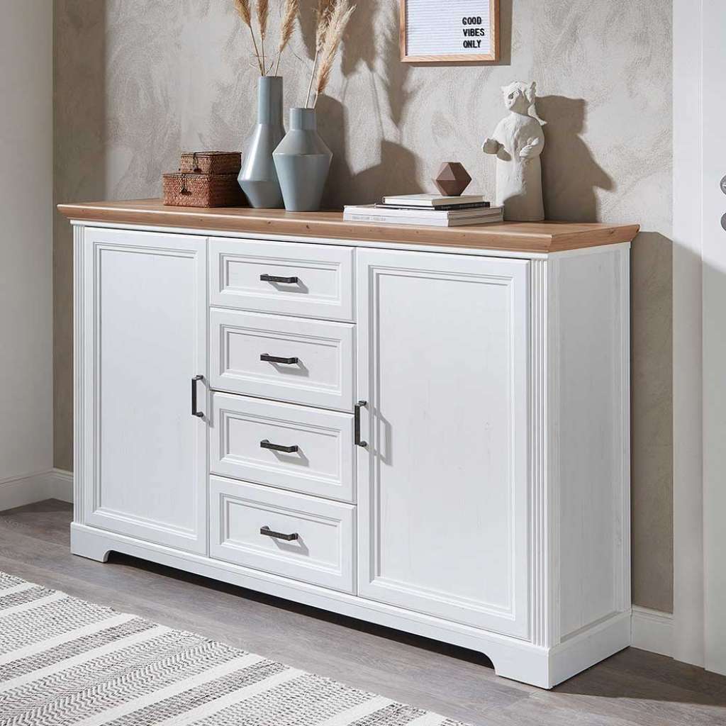 Wohnzimmer Kommode Landhaus in Weiß und Eichefarben 102 cm hoch