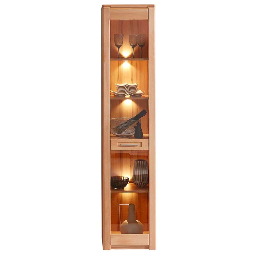 Vitrinenschrank in Kernbuchefarben teilmassiv LED Beleuchtung